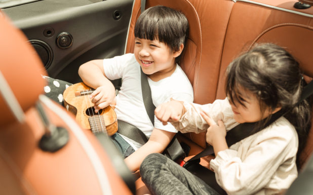 Family Safety Photo Two little kids smiling in the backseat of a vehicle; one with a ukulele.