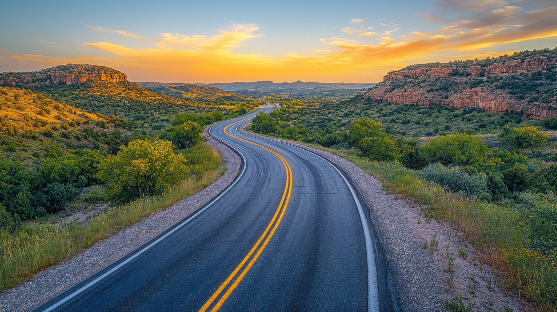 Desert Valley with Open Road Desert valley with large rocks and an open road going through